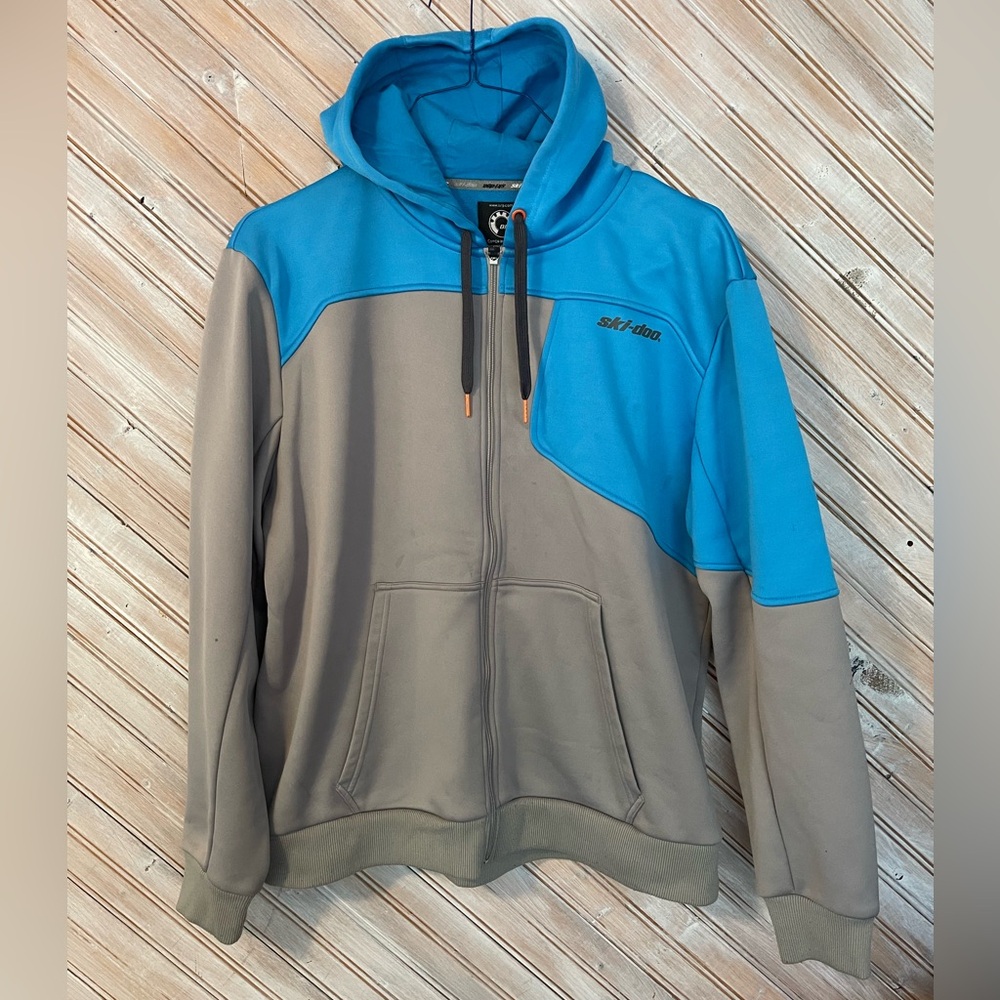 Ski-Doo Mens Lightweight Full Zipper Hooded Jacket Sweater BPR Canada Blue Grey